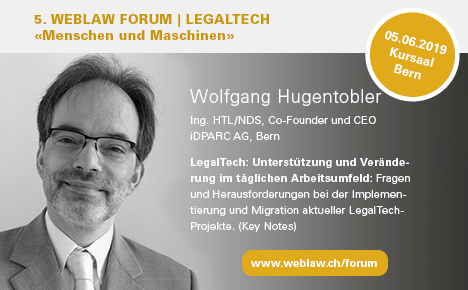 Publicité web pour Weblaw Forum LegalTech – photo noir et blanc d'un conférencier avec son nom, titre académique et le titre de sa conférence